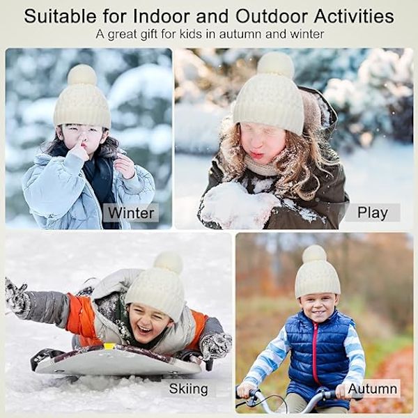 Vintermössa, Halsduk och Vantar Set för Barn, 3-Delar Stickad Varm Crochet Tjock Fluffig Halsduk Pom Pom Mössa Två Fingrar Touch Screen Vantar Set White