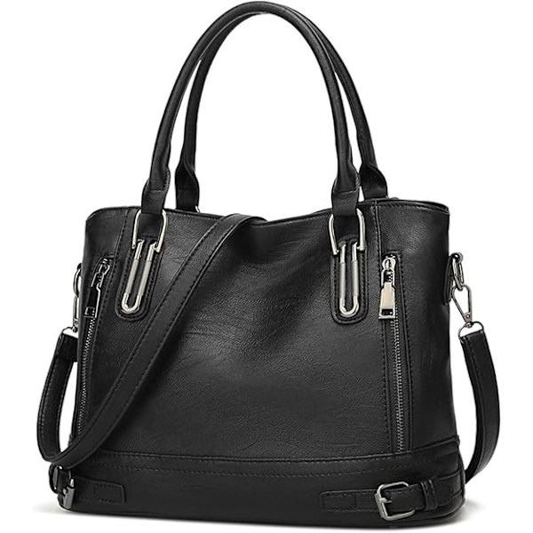 Damhandväska i Läder, Designer Topphandtag, Vintage Tote, Axelremsväska, Modekoppling för Kvinnor Black