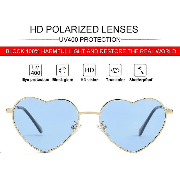 SDIGV Polariserte Hjerte Solbriller for Kvinner Mote Nydelig Stil Metallramme UV400 Beskyttelse Linse Gold Blue