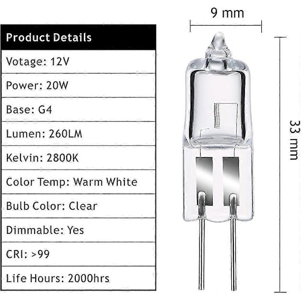 Halogenlampor G4 20w 12v, Varmvit 2800k, Dimbar Transparent Kapsel 10