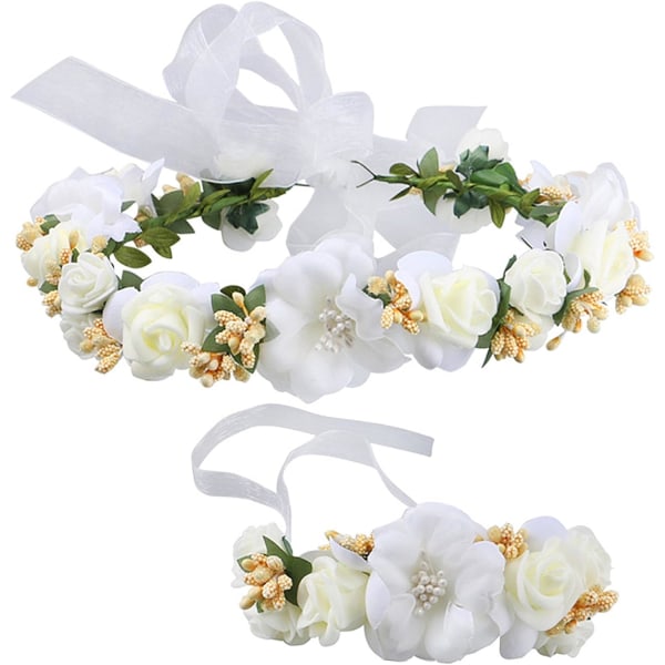 Blomsterkrans til kvinder og piger - Hårbånd med blomsterkrans, blomsterkrans, halo med blomsterarmbånd til brudefotografering, bryllup, festival, beige white