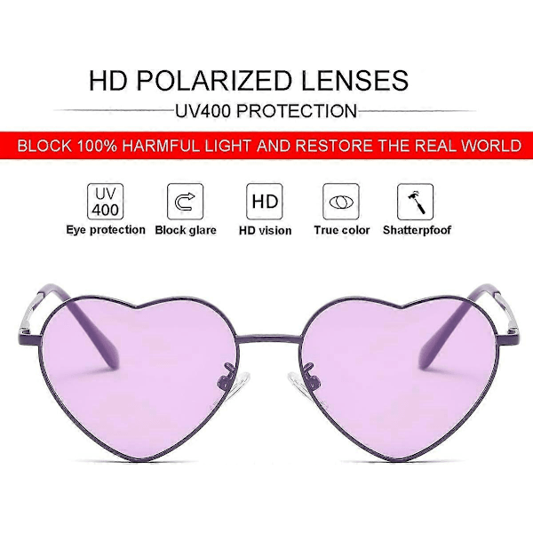 SDIGV Polariserade hjärtformade solglasögon för kvinnor, moderiktig söt stil, metallram, UV400-skydd All Purple Clear Purple