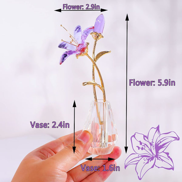 Kristallblomma Figur Lily Blomma Samlarobjekt Present till Kvinnor, Glas Lilium med Kristallvas Metallstam för Hem Bröllopsfest Dekor Purple