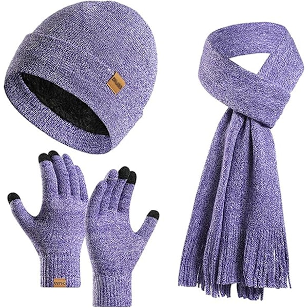 Vinter Unisex Beanie Hatt, Skjerf og Hansker Sett, Elastisk Strikket Hatt Langt Skjerf Berøringsskjermhansker Med Tykk Fleece Innerfôr for Menn og Kvinner Deep Purple