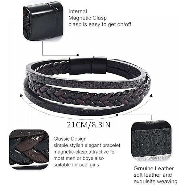 Läderarmband för män i brunt, ko-läder äkta unisex manschett armband flerskikts magnetisk lås rep handledsband för män och kvinnor