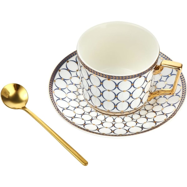 Europeisk stil kopp tekopp og tallerkensett, 8,5 oz/250 ml benporselen kaffe tekopper med tallerken og gyllen skje