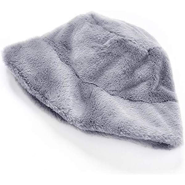 Dam trendig hink med mjuk fuskpäls fluffig tjock bred brätte härlig vinter varm hatt för flickor Gray One Size
