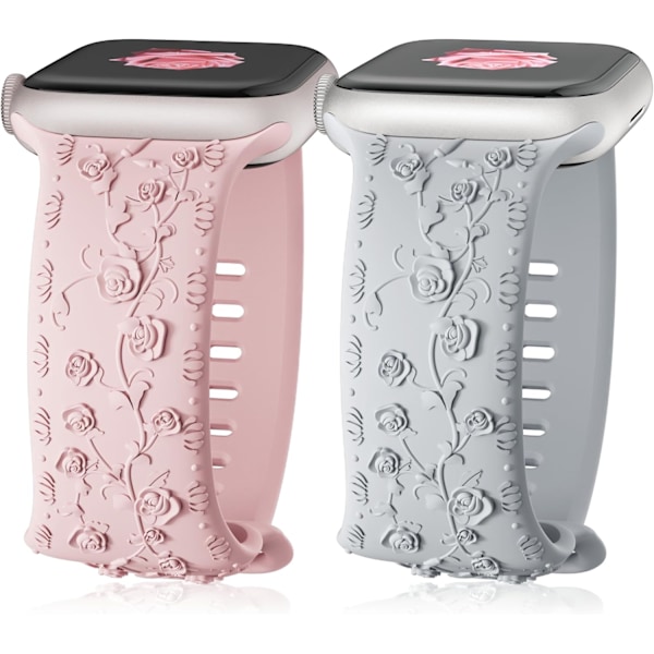 Gravert Rem for Apple Watch-reimer, iwatch-reim Kvinner, Myk Silikon Rose Blomstermønster Bånd for iWatch Series-reim Grey/Pink Sand 42/44/45mm