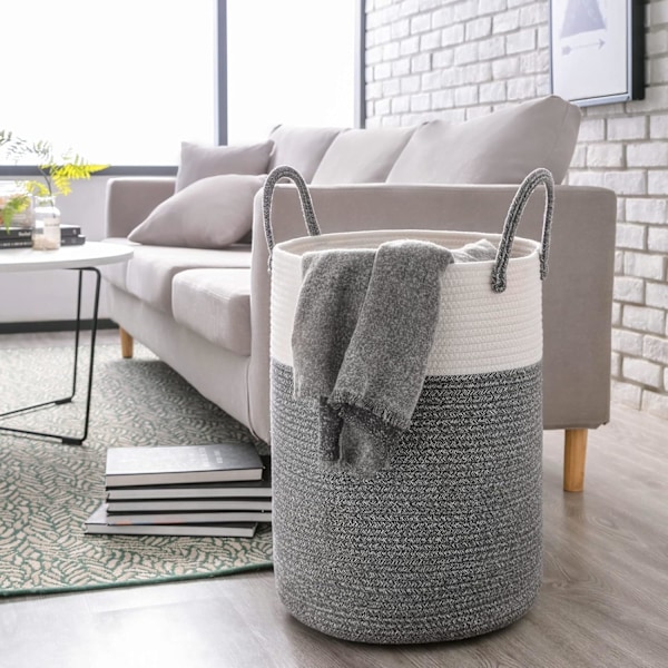 Stor kurv i bomullsreip - Tepper, leker, oppbevaring White & Grey