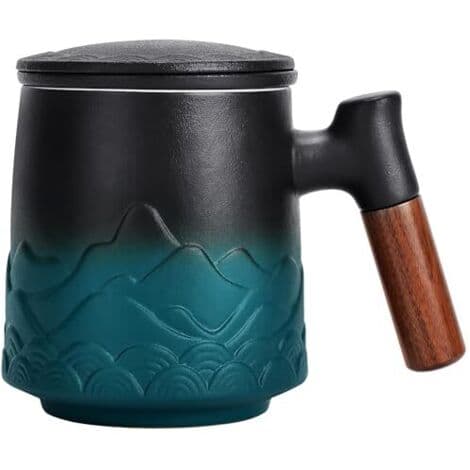 Keramisk mugg med filter och lock, stor infusionsmugg med trähandtag, presentförpackning (grön)