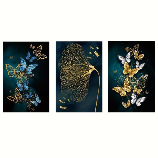 3st, gyllene fjärilsblad Väggkonst Canvasmålning för vardagsrumsinredning - 15,7x23,6in/40cmx60cm - Elegant och elegant