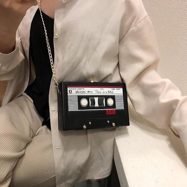 Kasettilaukku Retro Olkalaukku Naisten Laukku Kasettilaukku Discojuhlien Koristelu 80-luku 90-luku Musiikki Käsilaukut Naisille Tytöille, Musta