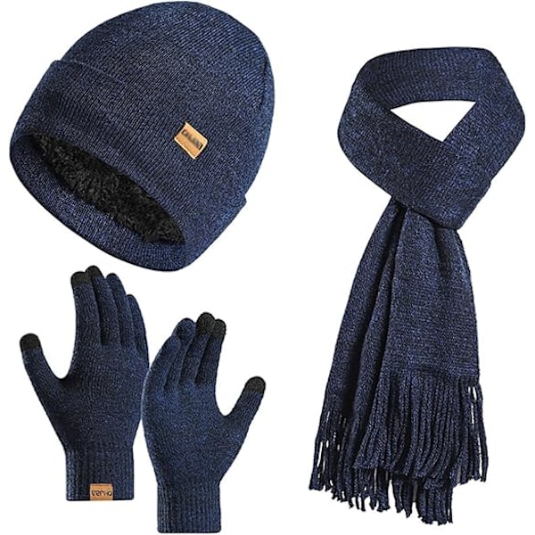 Vinter Unisex Beanie Hatt, Skjerf og Hansker Sett, Elastisk Strikket Hatt Langt Skjerf Berøringsskjermhansker Med Tykk Fleece Innerfôr for Menn og Kvinner Navy