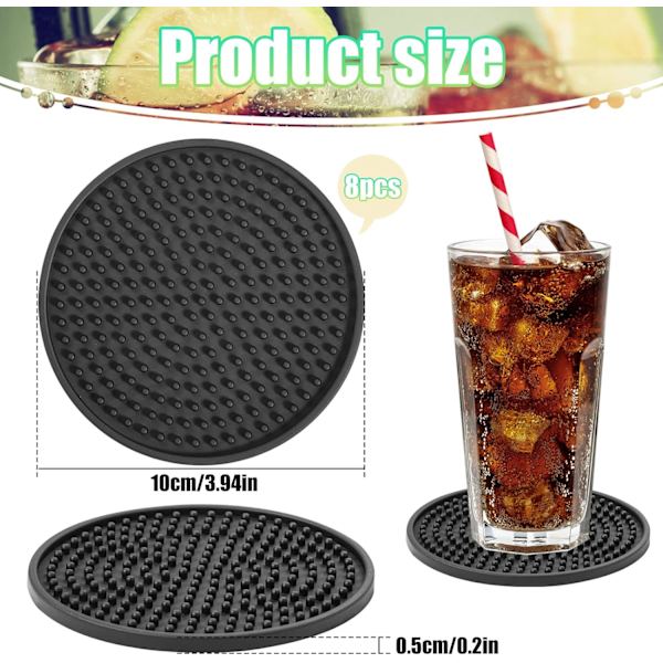 8 stk Sorte Underkopper, Tyk Design (0,5 cm) Runde Kopper Underkopssæt af 8, Silikon Underkopper til Drikkevarer, Kaffe Pads Øl Barmåtte Black（cylinder）