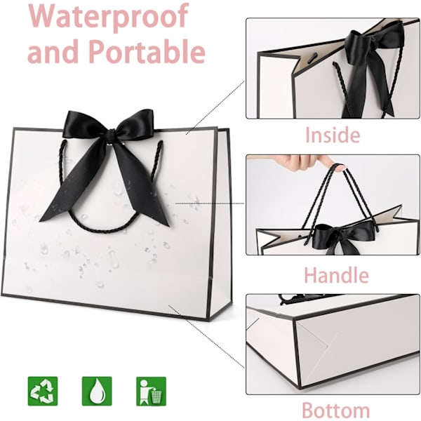Presentpåsar för presenter, presentpåsar i papper med rosettband, presentpåsar för bröllop, brudtärnor, födelsedag, fest, firande, 12,6 x 9,8 x 3,9 tum White-Black ribbon
