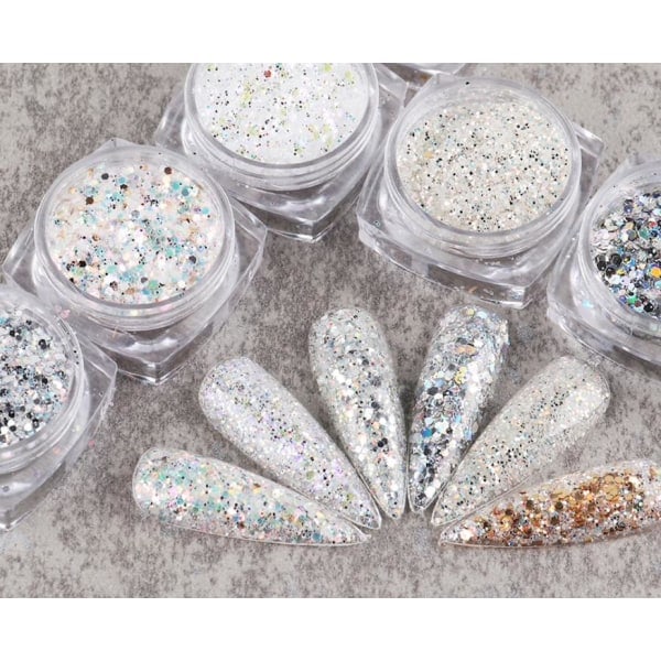 6 st nagelglitter, nageldekorationer flerfärgade