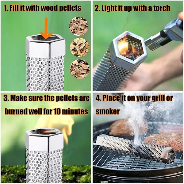 Rökpatron för pelletsgrill, ost-rökrör, rostfritt stål, kallrökrör för pellets, fungerar med alla elektriska, gas- och kolgrillar eller rökare