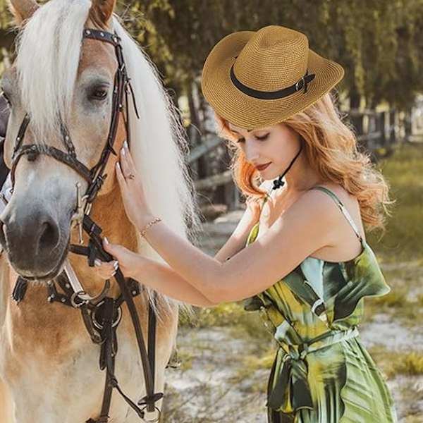 Olki Cowboy-hattu Naisille Miehille Naisten Cowboy-hattu Klassinen Western Cowgirl-hattu Cowboy-hattu Naisille Vyöllä Aurinkolakit Laajalla Reunalla Vintage-tyyli Unisex khaki