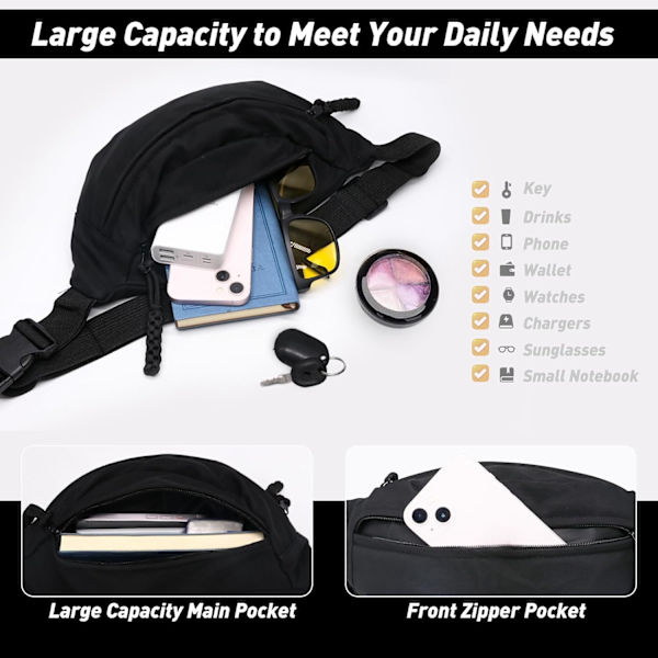 Lång Hållare Midjeväska Fanny Pack för Kvinnor Män Mode Midjeväska Bumbag Cross Body Justerbar Reseväska Stora Fickor för Löpning Black