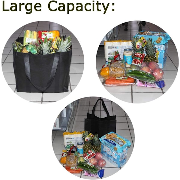 6-pak gjenbrukbare handleposer med håndtak, ikke-vevde handleposer - Holder 44+ lbs (20 KG) - Ekstra store og holdbare sammenleggbare handleposer