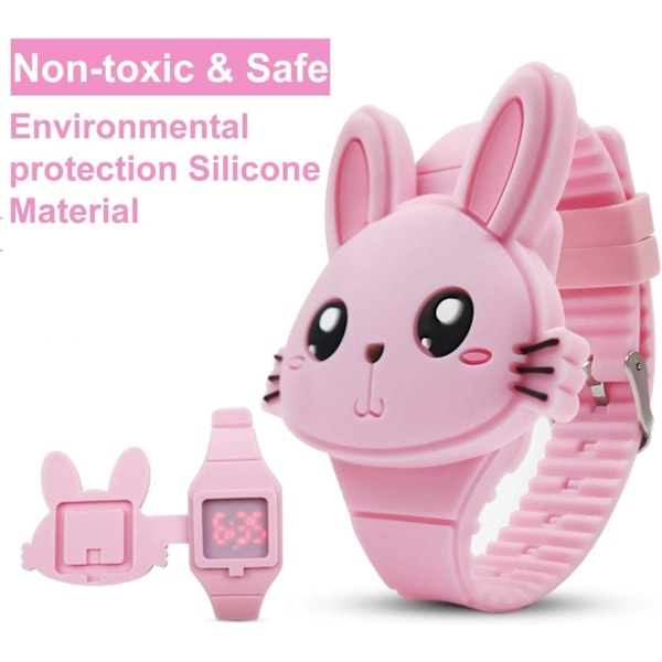 Söta digitala barnklocka, söt kaninformad flickklocka LED Mode Silikon Djurformad Clamshell Design Armbandsur Flicka Bästa Presenter Rosa