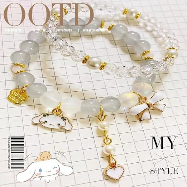 Cinnamoroll Krystalperle Armbånd, Sød Beige Tegneserie Krystalperler Elastisk Armbånd Piger og Kvinder, Lille Frisk Enkel og Sød Tegneserie Jade Hund