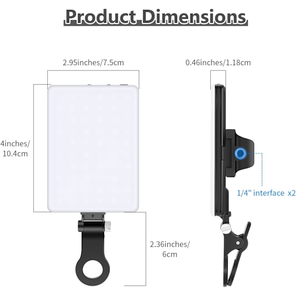 Selfie-ljus med främre och bakre telefonklämma, hög effekt 60 LED 2000mAh laddningsbar CRI 95+, 3 ljuslägen, bärbar klämma på ljus, TikTok-videofyllningsljus