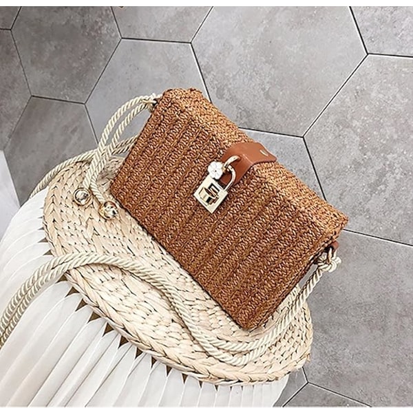 Halmstrandveske Kurvveske Elegant Clutch Veske Skulderveske Tau Bohem Skulderveske Sommer Skulderveske Håndveske Brown