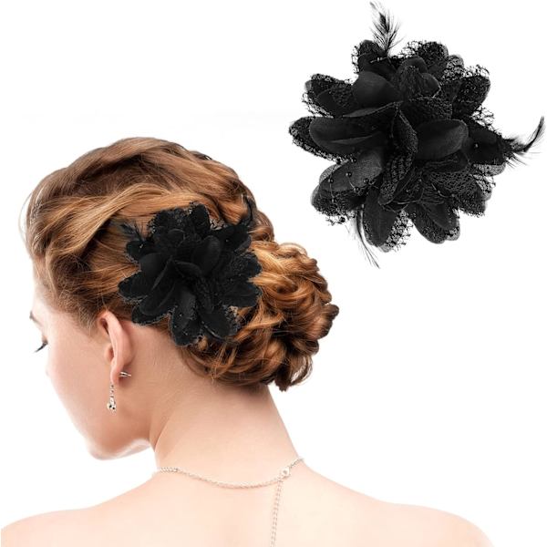1 st blomma hattar klämma tebjudning corsage hårnål barrette svart blommig fjäder hårnål