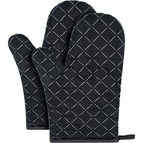 Ugnshandskar, värmebeständiga ugnshandskar i silikon, halkfria kökshandskar för grillning, matlagning, bakning, kök, mikrovågsugn, pizza (1 par) Black-01