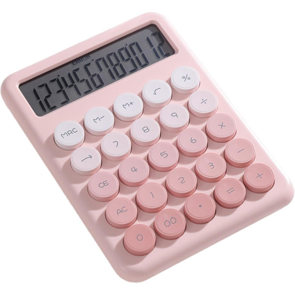 Mekanisk lommeregner, 12-cifret stor LCD-skærm og store runde knapper med gradientfarve, skrivebordslommeregner, 15° skrå skærm, elektronisk lommeregner Pink