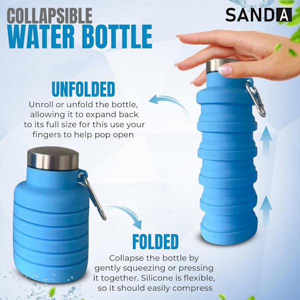Sammenklappelig Vandflaske Silikon Rejse Essentials Foldbar Gym Flaske Lækagesikker Vandreture Tilbehør, Sammenklappelig Vandflaske 500ml Blue