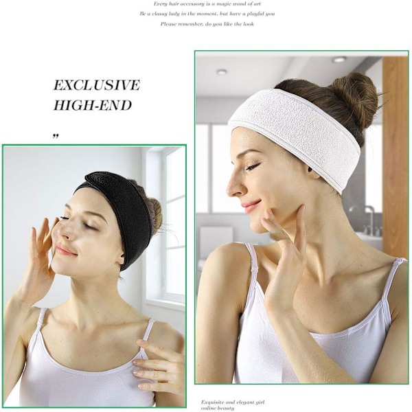 Ansiktshårband - 2 st sminkbandage huvud dusch sport frottéhårband justerbar stretchhandduk med magiskt band White + Black
