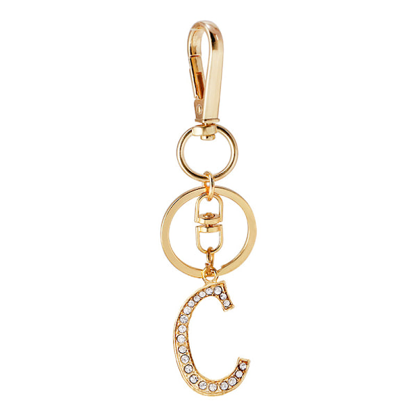 Dam Guldpläterad Legering Bilnyckelring med Kristall Rhinestone Alfabetisk Initial Brev Nyckelring C