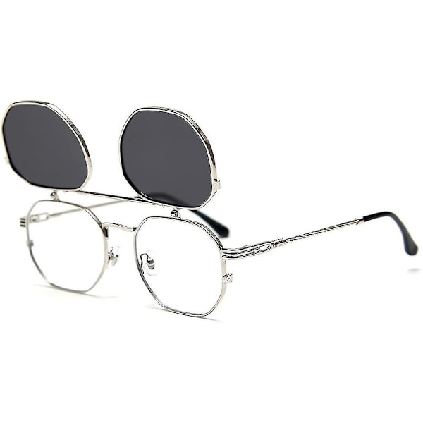 Flip Up Solbriller Menn Kvinner Polariserte Steampunk Flip Solbriller Med Dobbelt Linser UBM Silver Frame-Gray Lens