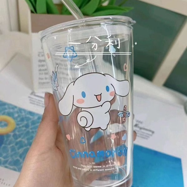 Transparent Glas Vattenkopp Söt Tecknad Frukostkopp Sugrör Med Lock Mjölk Juice Vattenkopp Glas Sippy Kopp Barnpresent Cinnamon Dog