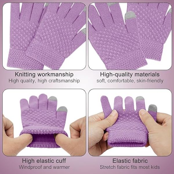 Vintermössa, Halsduk och Vantar Set för Barn, 3-Delar Stickad Varm Crochet Tjock Fluffig Halsduk Pom Pom Mössa Två Fingrar Touch Screen Vantar Set Purple