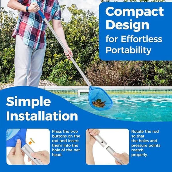 Poolnet med 187 cm teleskopstang, finmasket poolnet med poolbørste, rengøringssæt til pool