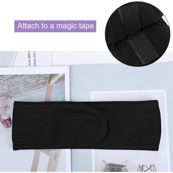 Ansiktshodeband - 2 stk Sminke Wrap Hode Dusj Sport Terry Klut Hodeband Justerbar Stretch Håndkle Med Magisk Tape Black+ Black