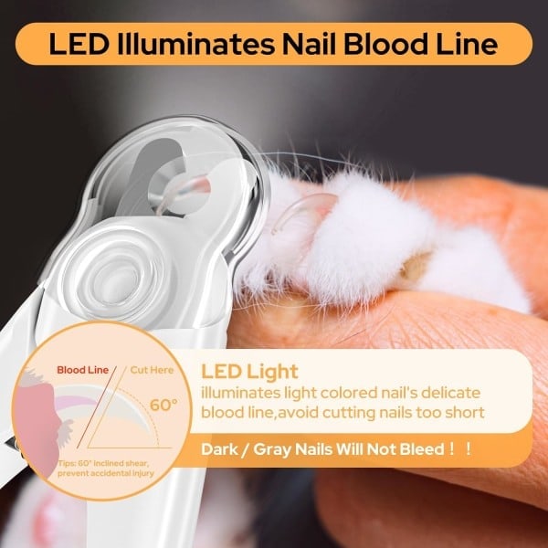 Klo trimmer for katt og hund med LED-lys, sikkerhetsbeskyttelse, neglfil og sprutbeskyttelse, for store, mellomstore og små kjæledyr