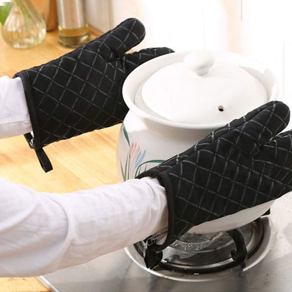 Ugnshandskar, värmebeständiga ugnshandskar i silikon, halkfria kökshandskar för grillning, matlagning, bakning, kök, mikrovågsugn, pizza (1 par) Black-01