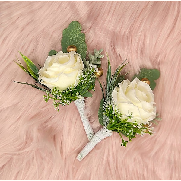 2 stk. Bryllups-Boutonniere Til Brudgommen Og Forloverens Suit Dekoration Kunstige Roser Knaphulsblomster Til Bryllup Prom Fest, Elfenbensfarvet