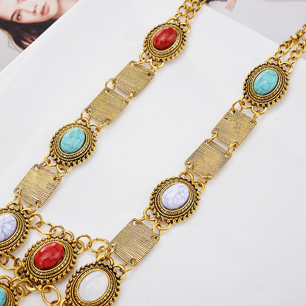 Elegant Bohemian Rose Retro Rhinestone Turkis Sølv Gull Langt Etnisk Kjede Halskjede For Kvinner B