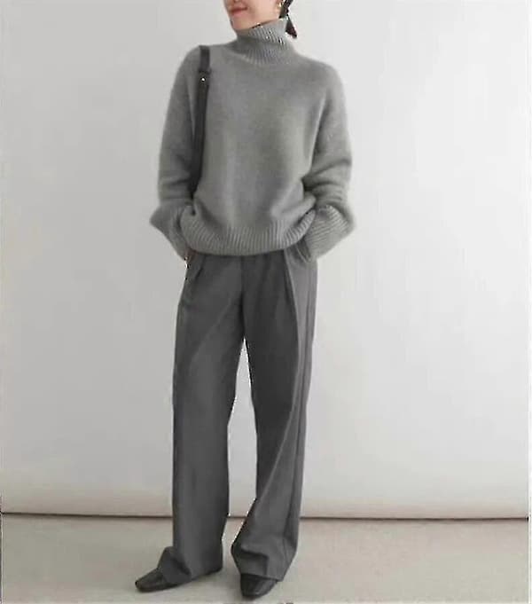 Cashmere-genser med høy hals, 100 % ren ull, strikket løs pullover for damer, høst/vinter grey XL