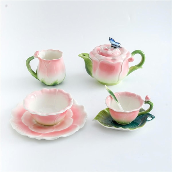 Fargerik Rose Keramisk Kaffe Mark Vannkopp, Tallerken, Plate, Pot Sett for kontor hjem restaurant kafé tehus - Rosa Rose Kanne Red
