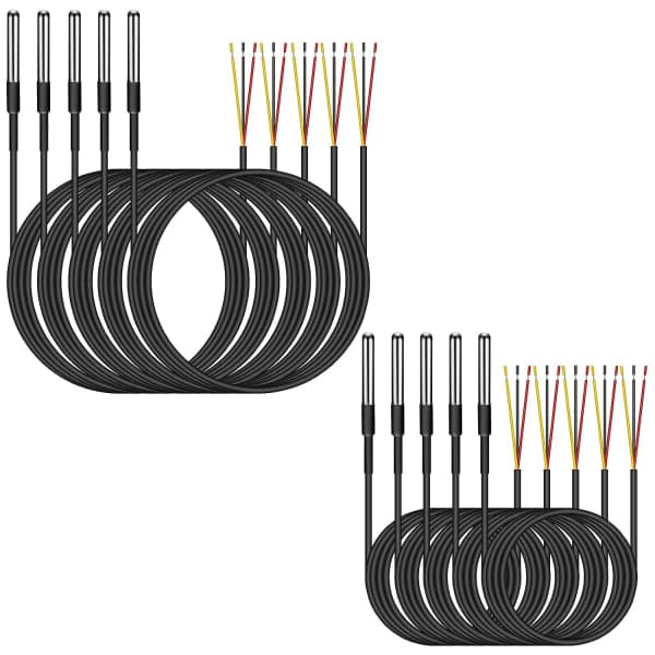 10 st DS18B20 Digital Temperatursensor, 5 x 3M, 5 x 1M Termisk Kabel Vattentät Sensor -55°C till +125°C Rostfritt Stålrörssensor