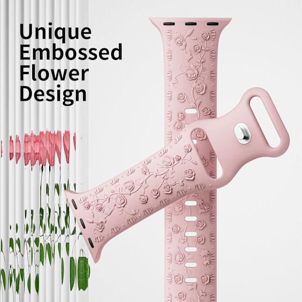 Gravert Rem for Apple Watch-reimer, iwatch-reim Kvinner, Myk Silikon Rose Blomstermønster Bånd for iWatch Series-reim Starlight/Pink Sand 38/40/41mm