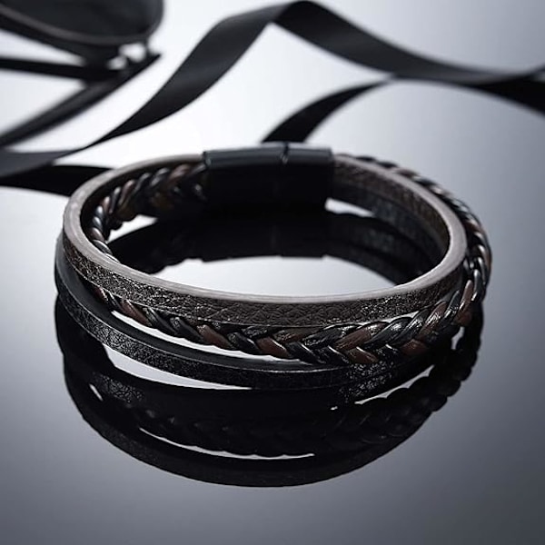 Läderarmband för män i brunt, ko-läder äkta unisex manschett armband flerskikts magnetisk lås rep handledsband för män och kvinnor