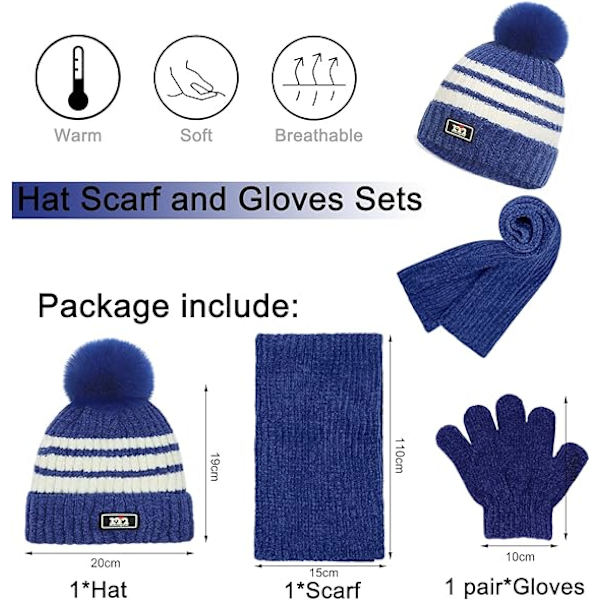3-pack Vintermössa, Halsduk och Vantar för Barn 2-8 år - Pojkar och Flickor. Vintertillbehör Set, Tjock Stickad Varm Fleecefodrad Termisk Set Blue