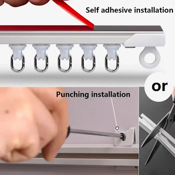 Selvklebende eller perforert gardinstang med dobbel funksjon for tak- eller veggmontering, Nano stille gardinskinne for gardiner og skap Wall installation 100cm